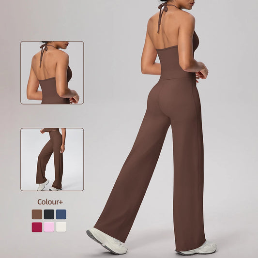 Damen-Yoga-Set rückenfreies Träger-Top und weite Hose, dunkelbraun