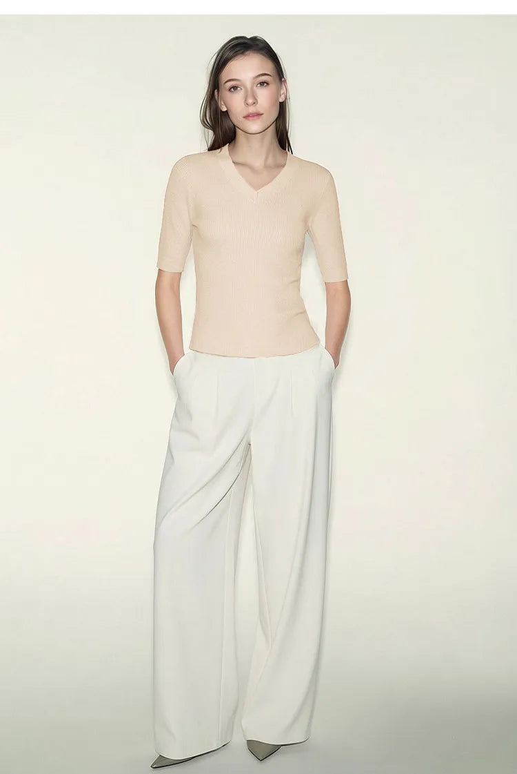 Damen V-Ausschnitt Pullover Viskose Halbarm Slim Büro Sommer