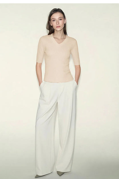 Damen V-Ausschnitt Pullover Viskose Halbarm Slim Büro Sommer