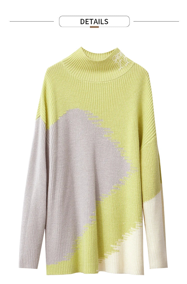 Damen-Rollkragenpullover Stickerei locker Winter Wolle-Mix