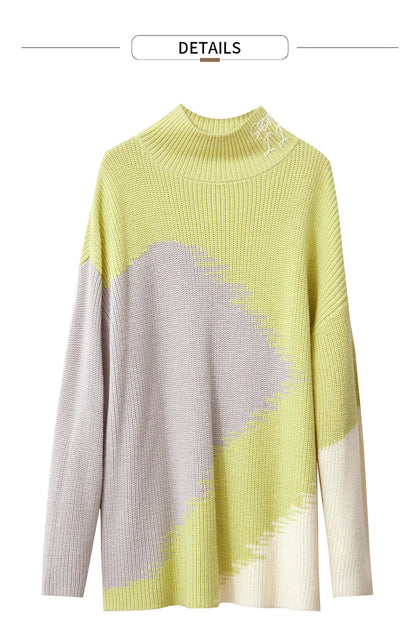 Damen-Rollkragenpullover Stickerei locker Winter Wolle-Mix