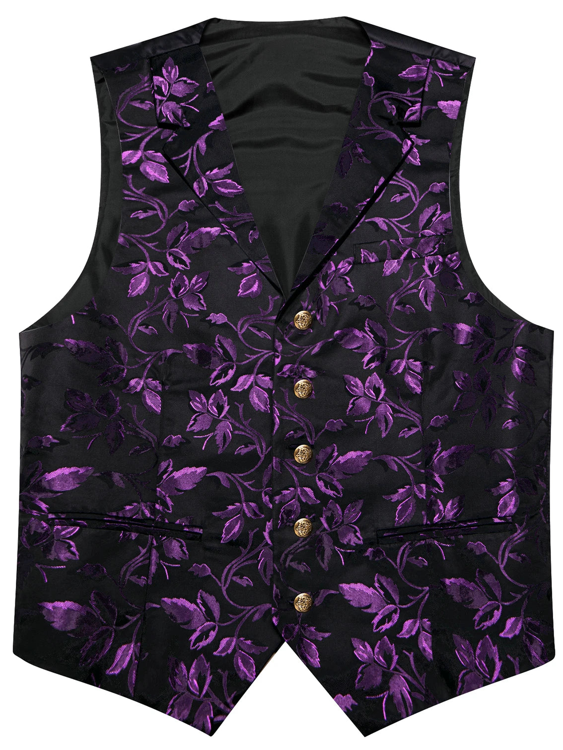 Herrenweste lila mit floraler Jacquard-Grafik, goldene Knöpfe und V-Ausschnitt