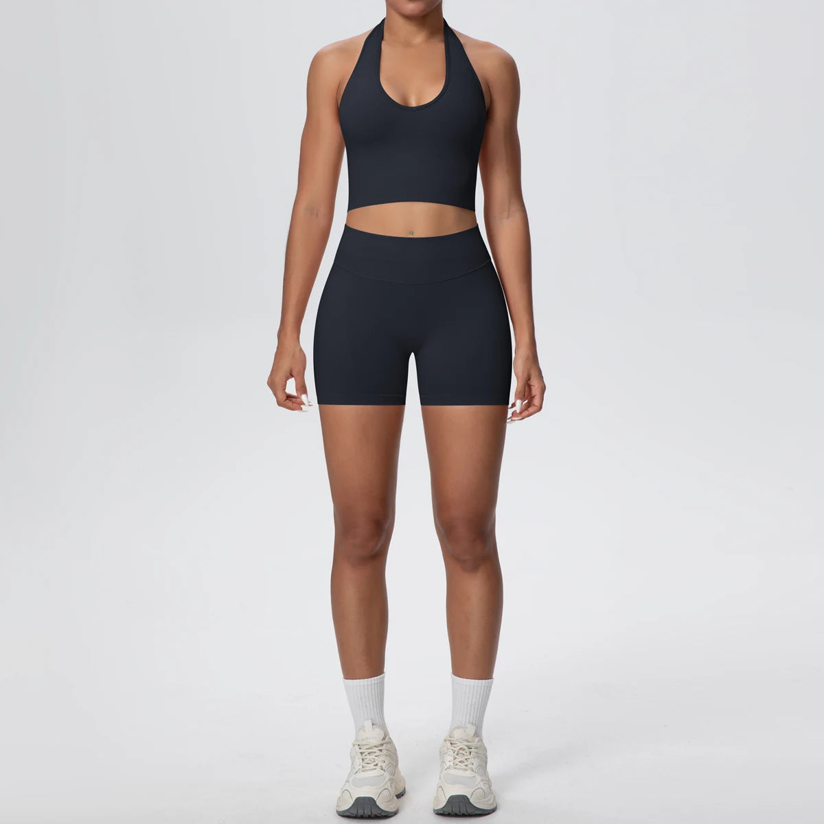 Damen Yoga-Set aus Bustier und High-Waist-Shorts, dunkelgrau, ärmellos