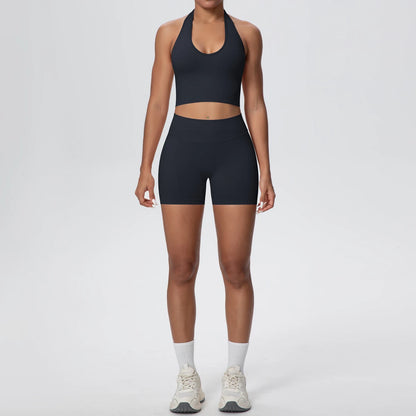 Damen Yoga-Set aus Bustier und High-Waist-Shorts, dunkelgrau, ärmellos
