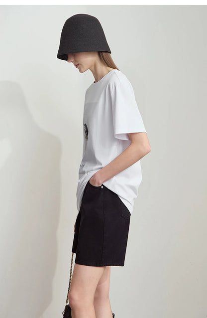 Damen T-Shirt mit minimalistischem O-Ausschnitt und Pailletten-Verzierung