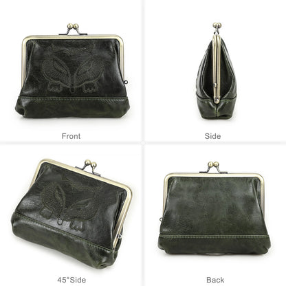Damen Echtleder Münzbörse Vintage Fuchs Stickerei Klickverschluss Kartenfächer