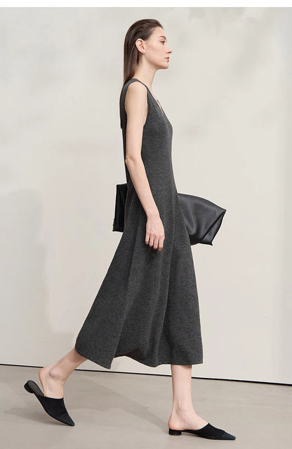 Damen V-Ausschnitt Strickkleid A-Linie ärmellos Herbst-Winter