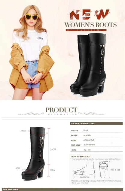 AIYUQI winter women boots first layer of leather high heeled genuine leather boots Gaotong thick with long barreled boots wool