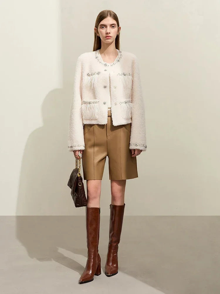 Damen Pelzmantel im neuen Luxus-Stil mit Rundhalsausschnitt und Taschen