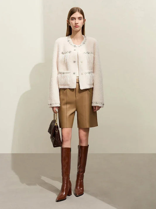 Damen Pelzmantel im neuen Luxus-Stil mit Rundhalsausschnitt und Taschen