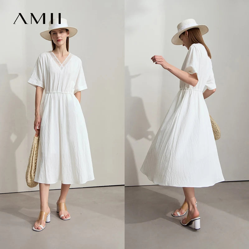 Elegantes Damen Sommerkleid Mit V-Ausschnitt Und Elastischer Taille