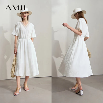 Elegantes Damen Sommerkleid Mit V-Ausschnitt Und Elastischer Taille