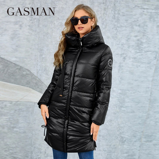 Lange Damen-Daunenjacke mit Reißverschluss, Schnürdesign und Kapuze – warme, klassische Parka mit Taschen.