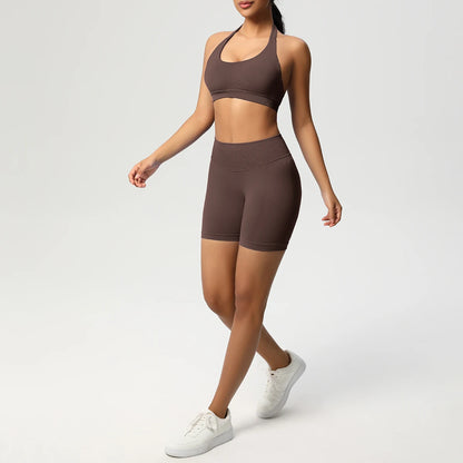 Nahtloses Fitnessset für Damen: Sport-BH und Laufshorts in Schokobraun, Set
