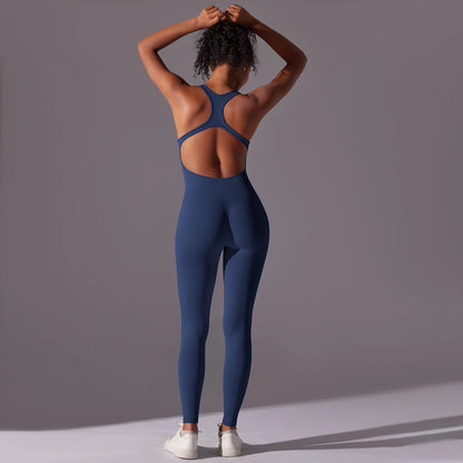 Nahtloser Yoga-Bodysuit, dunkelblau, rückenfrei, Rücken-Cutout mit Trägerkreuz