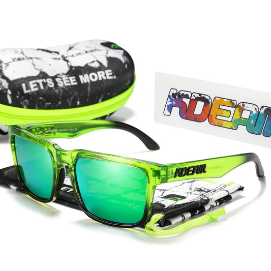 Quadratische Sonnenbrille mit grünem Rahmen und grünen getönten Gläsern