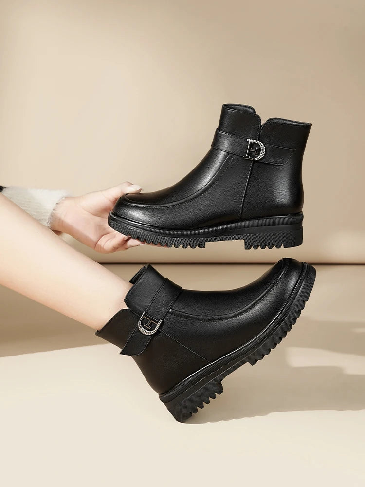 Damen Schneestiefel aus echtem Leder mit rutschfester Sohle und Wolle
