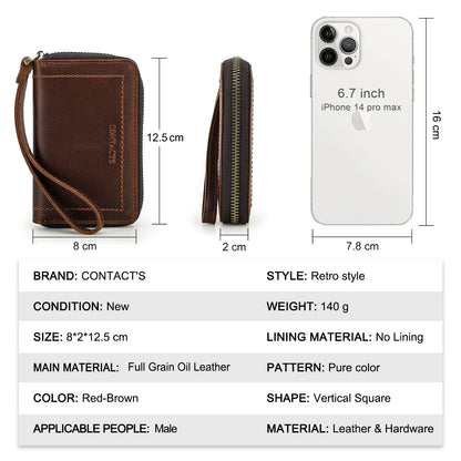 Rote-braune Leder-Schlüsselbrieftasche, vertikal, mit Reißverschluss und Handschlaufe