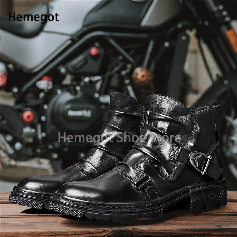 Herren-Motorradstiefel, schwarzes Leder, zwei Riemen mit Schnallen, hoher Schaft