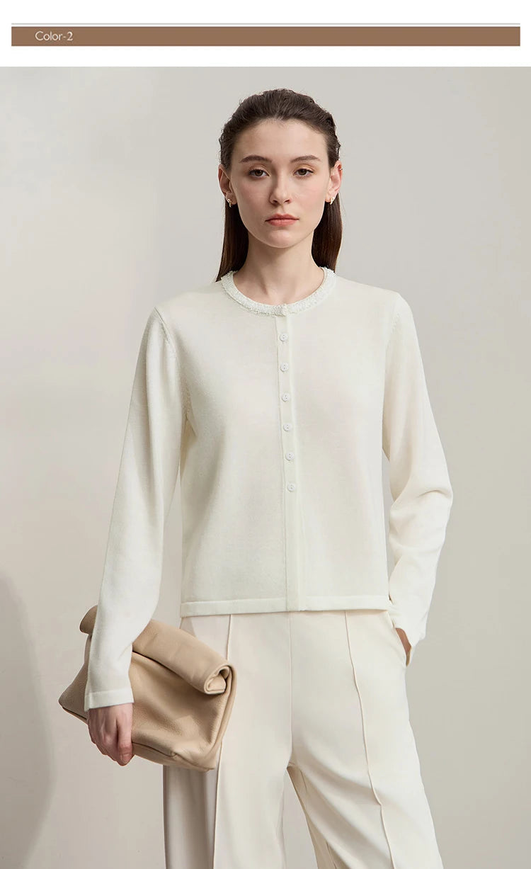 Damen-Strickjacke Rundhals einfarbig gerade Wolle Herbst-Winter