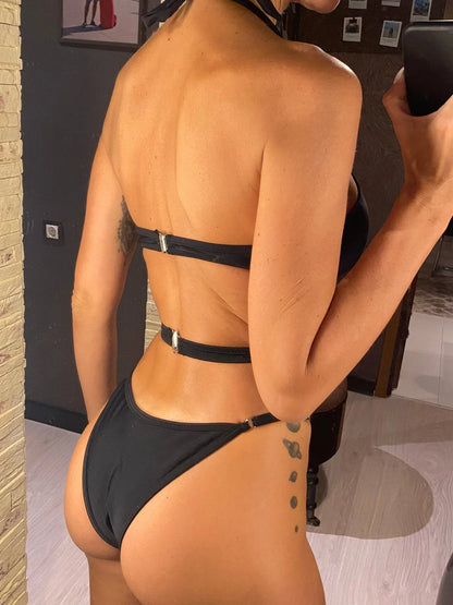 Damen Badeanzug asymmetrisch V-Bügel Cut-Out hoher Beinausschnitt Monokini