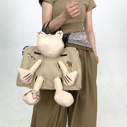 Damen-Umhängetasche aus Nylon mit Mesh-Details und Bärchen-Design Großes Fassungsvermögen mit Langem Tragegurt