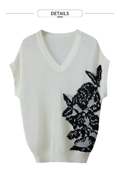 Damen V-Ausschnitt Pullover Viskose Kurzarm Aushöhlung Sommer