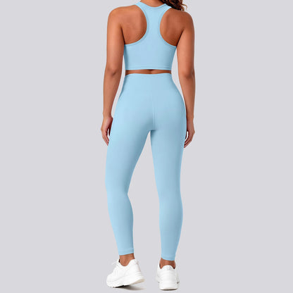 Nahtfreies Yoga-Set mit Sport-BH und Leggings in Hellblau, Rückenansicht