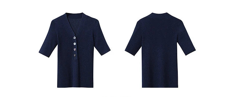 Damen V-Ausschnitt Pullover Wolle-Mix Halbarm Slim Frühling-Herbst