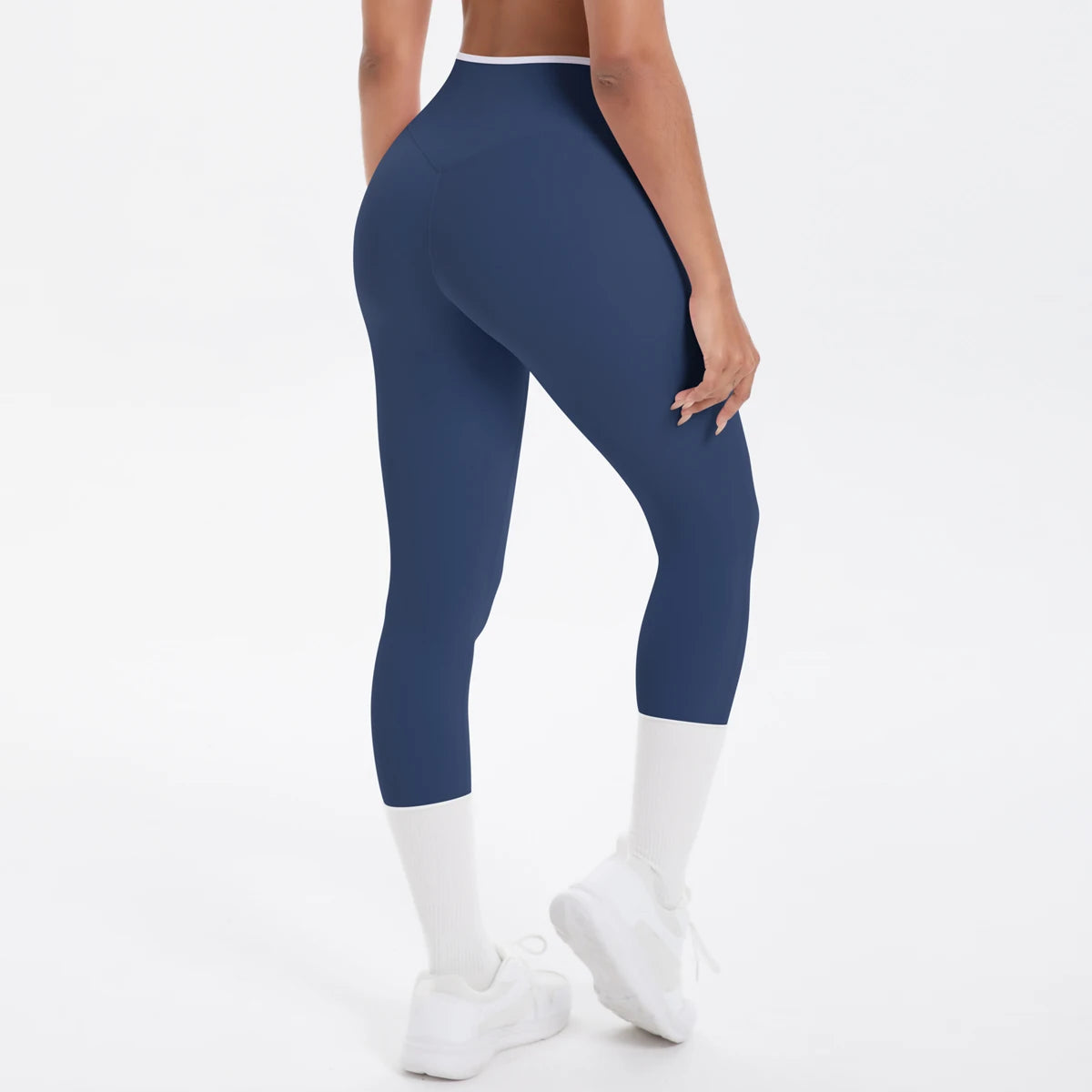 Damen-Yoga-Leggings, hohe Taille, dunkelblau, 3/4 Länge, seitliche Rückansicht