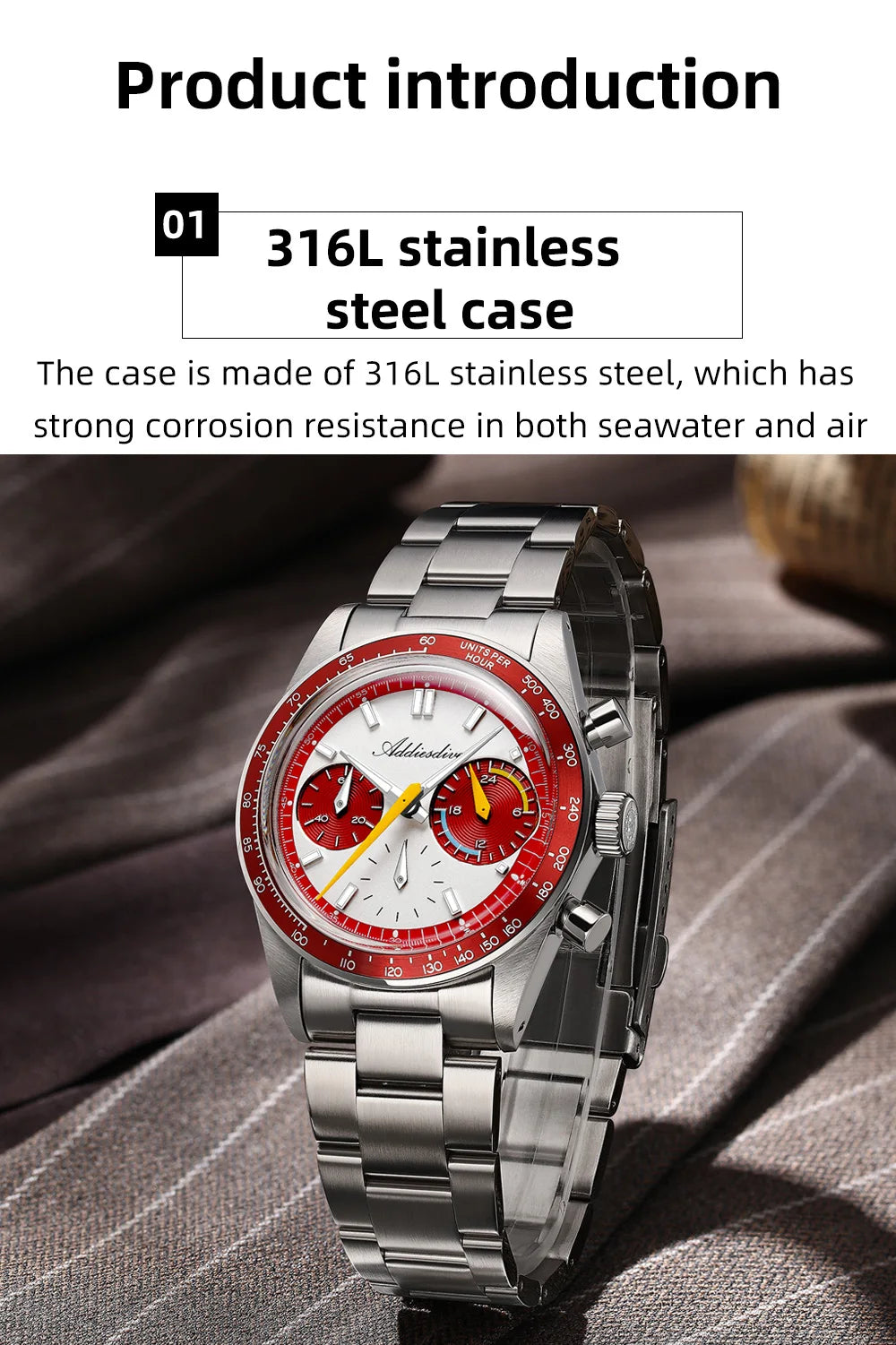 ADDIESDIVE 37mm Men Watch AD2539 BGW9 Super Luminous Chronograph Watch Bubble Mirror Glass 10Bar Waterproof VK63 Quartz Watches