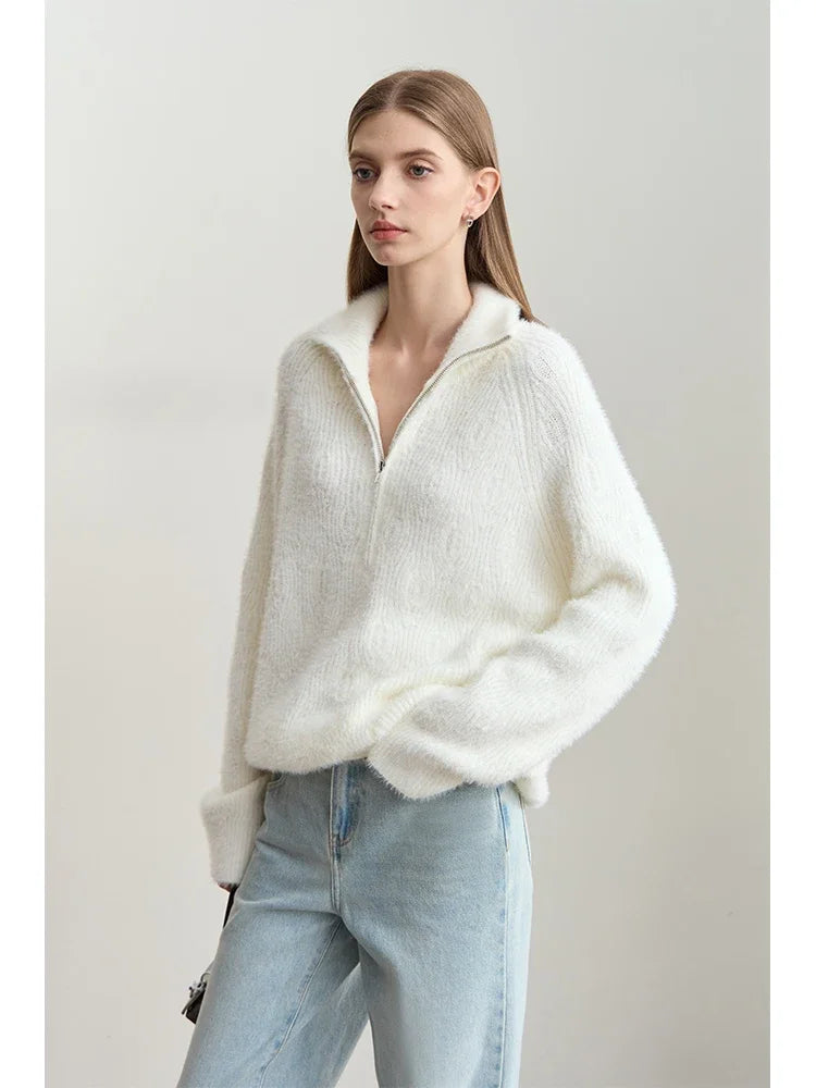 Damen-Rollkragenpullover Reißverschluss Nerz-Optik locker Winter