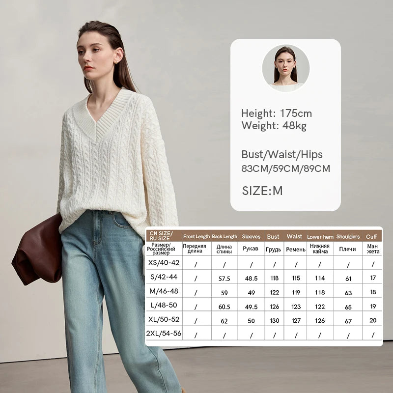 Damenpullover mit V-Ausschnitt, lockere Passform, lange Ärmel in hellem Beige
