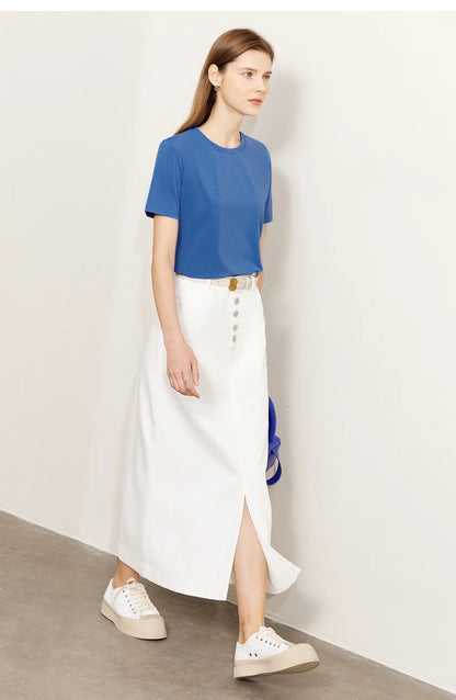 Damen T-Shirt im minimalistischen Stil mit lässigem O-Ausschnitt und kurzen Ärmeln