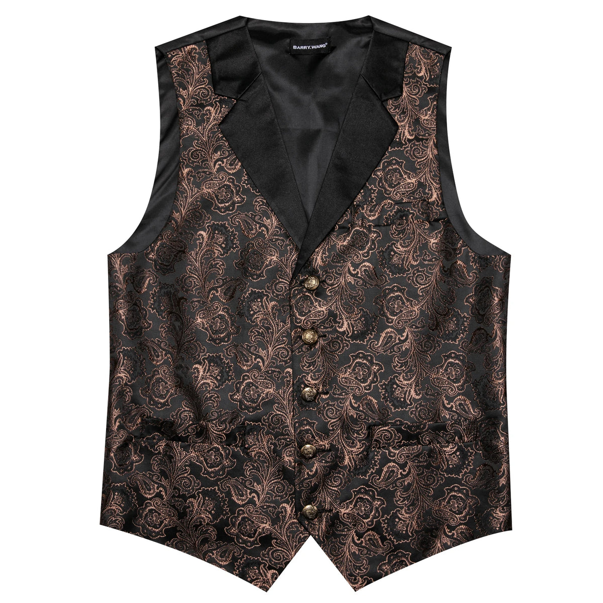 Dunkelbraune Jacquard-Herrenweste mit schwarzem Revers und goldfarbenen Knöpfen