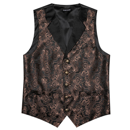Dunkelbraune Jacquard-Herrenweste mit schwarzem Revers und goldfarbenen Knöpfen