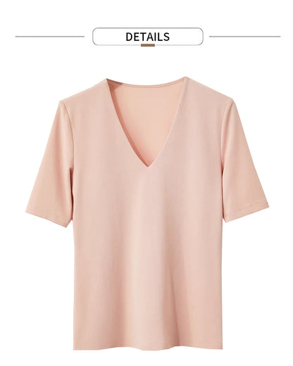 Damen T-Shirt im Minimalismus-Stil mit V-Ausschnitt und halben Ärmeln