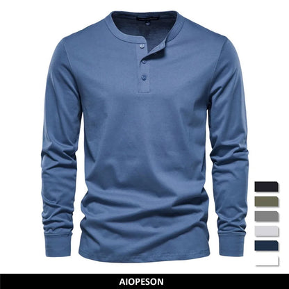 Herren Langarm T-Shirt mit Henley-Kragen im einfarbigen Casual-Stil