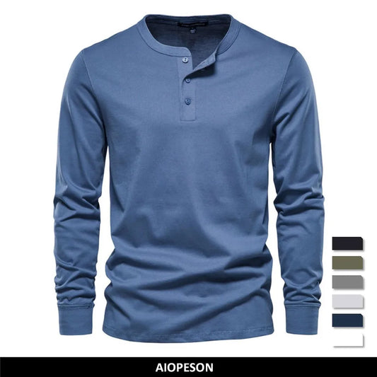 AIOPESON Henley Kragen T Shirt Männer Casual Einfarbig Langarm T Shirt für Männer Herbst Hohe Qualität 100% Baumwolle herren T Shirts