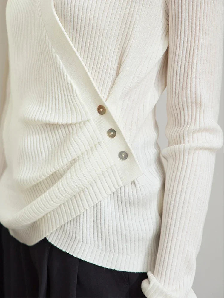 Damen V-Ausschnitt Pullover plissiert Muschelschnalle Wolle Herbst