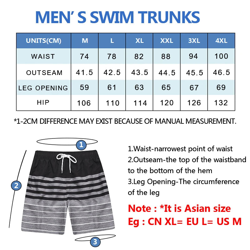Herren-Badeshorts mit Mesh-Innenslip, verstellbarem Bund und Taschen – ideal für Sport und Freizeit.