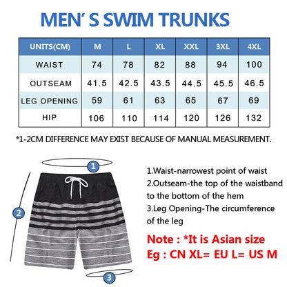 Herren-Badeshorts mit Mesh-Innenslip, verstellbarem Bund und Taschen – ideal für Sport und Freizeit.