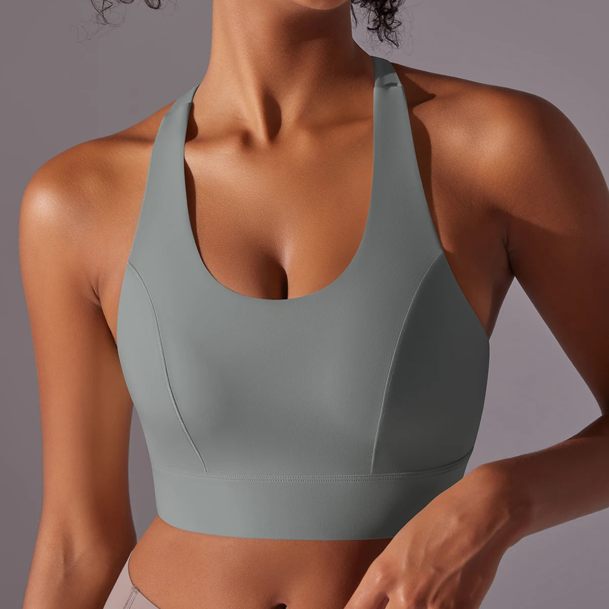 Sport-BH Yoga-Top, grau, Racerback, breite Träger mit Seitennähten