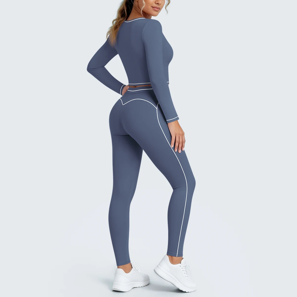 Damen-Yoga-Set dunkelblau: Rückansicht mit Cut-out am Bund, Leggings mit Zierlinien