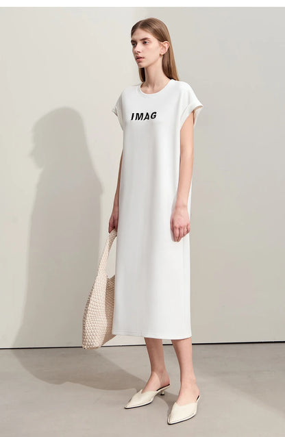 Damen Kleid für Sommer neue lässige O-Ausschnitt Kurzarm Midi gerade Perlen Stickerei Kleid Dame