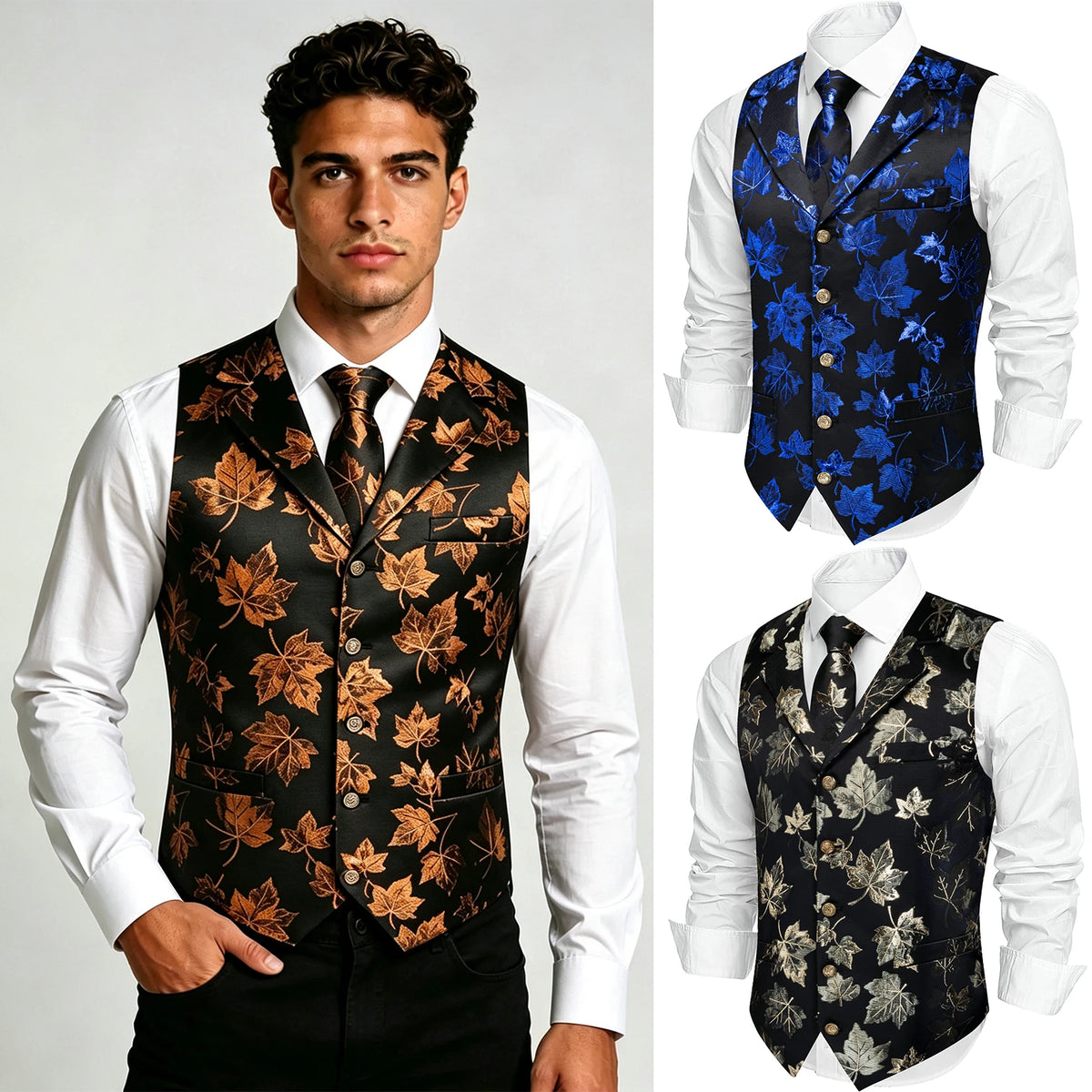 Herrenweste-Set mit Jacquard-Blattmuster, braun-schwarz und blau-schwarz, mit Revers und Knöpfen