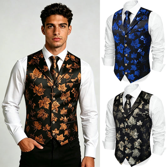 Herrenweste-Set mit Jacquard-Blattmuster, braun-schwarz und blau-schwarz, mit Revers und Knöpfen