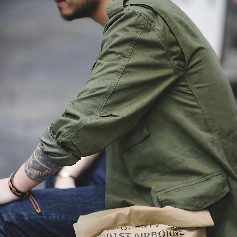 Herren Feldjacke Grüne Vintage-Armeejacke Lässige Windjacke Reverskragen Taschen Mantel