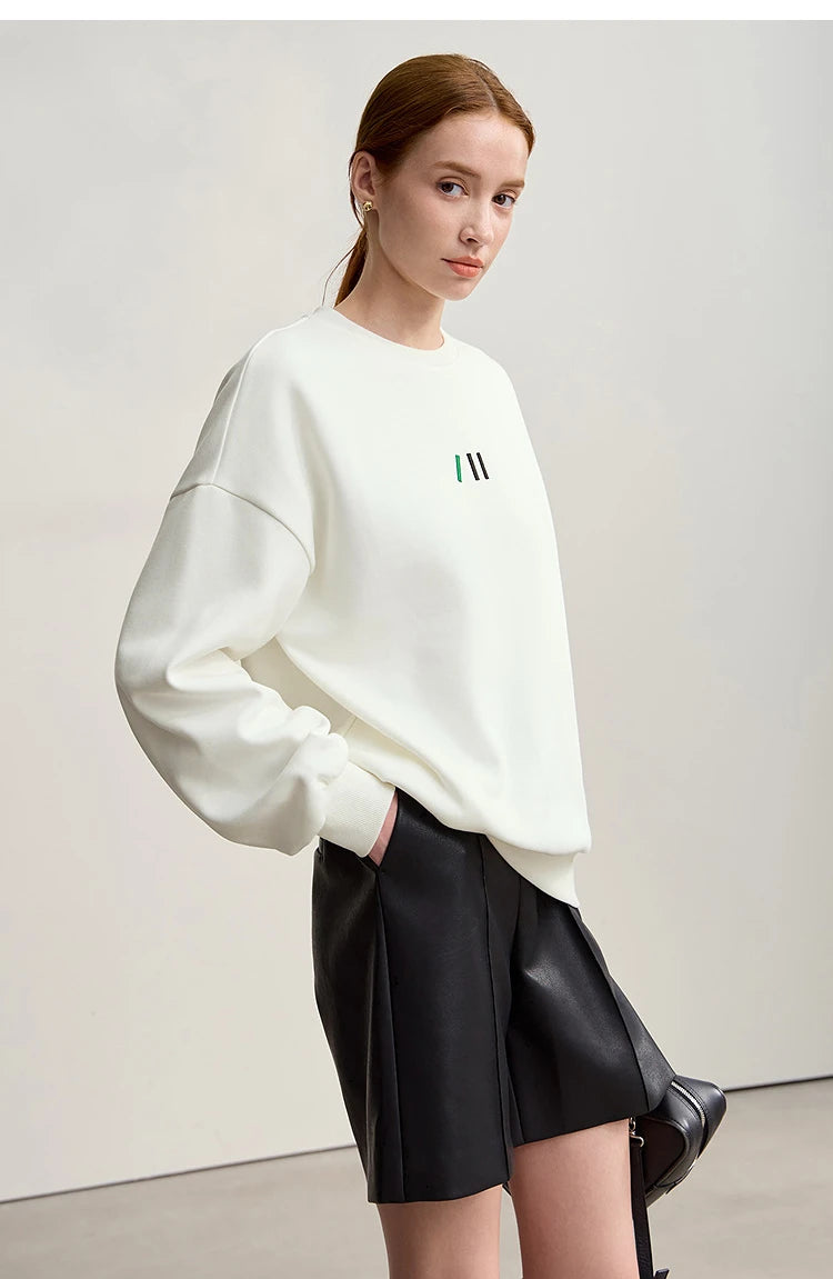 Damen-Rundhals-Sweatshirt Stickerei Kunstfell warm locker Winter