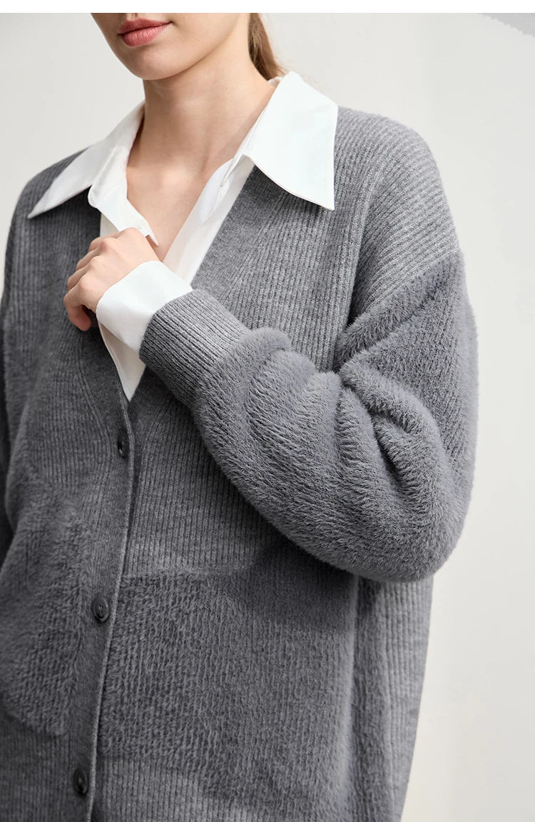 Damen-Strickjacke V-Ausschnitt dick warm locker elastisch Winter